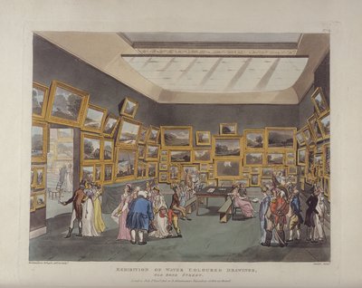 Exhibition of Water Coloured Drawings, Old Bond Street, plate 34, from Ackermanns Microcosm of London, or, London in Miniature, published by Rudolph Ackermann engraved by Joseph Constantin by T. and Pugin Rowlandson